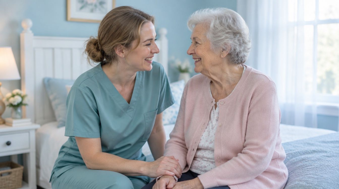 A caregiver and an older woman sitting together on a bed, holding hands and laughing.