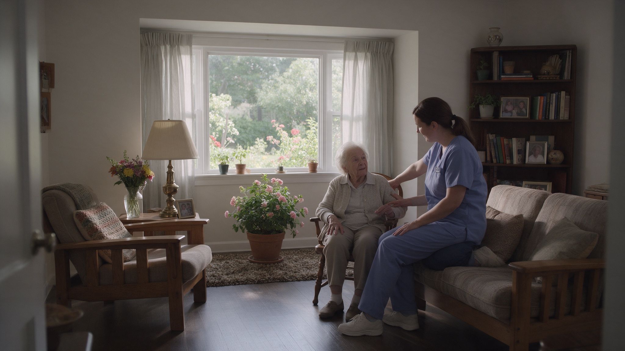 A caregiver sitting beside an older woman in her own living room, talking quietly by the window.