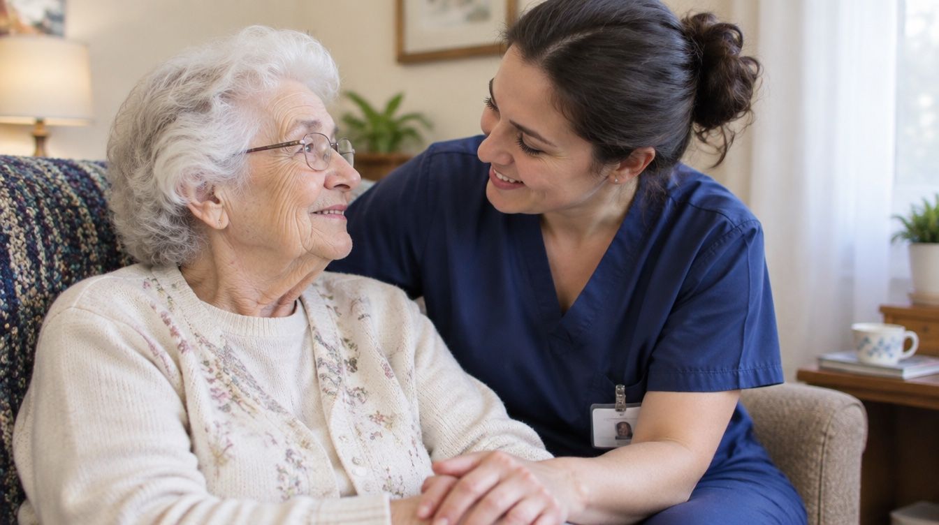 A caregiver holding an older woman's hands while they talk.