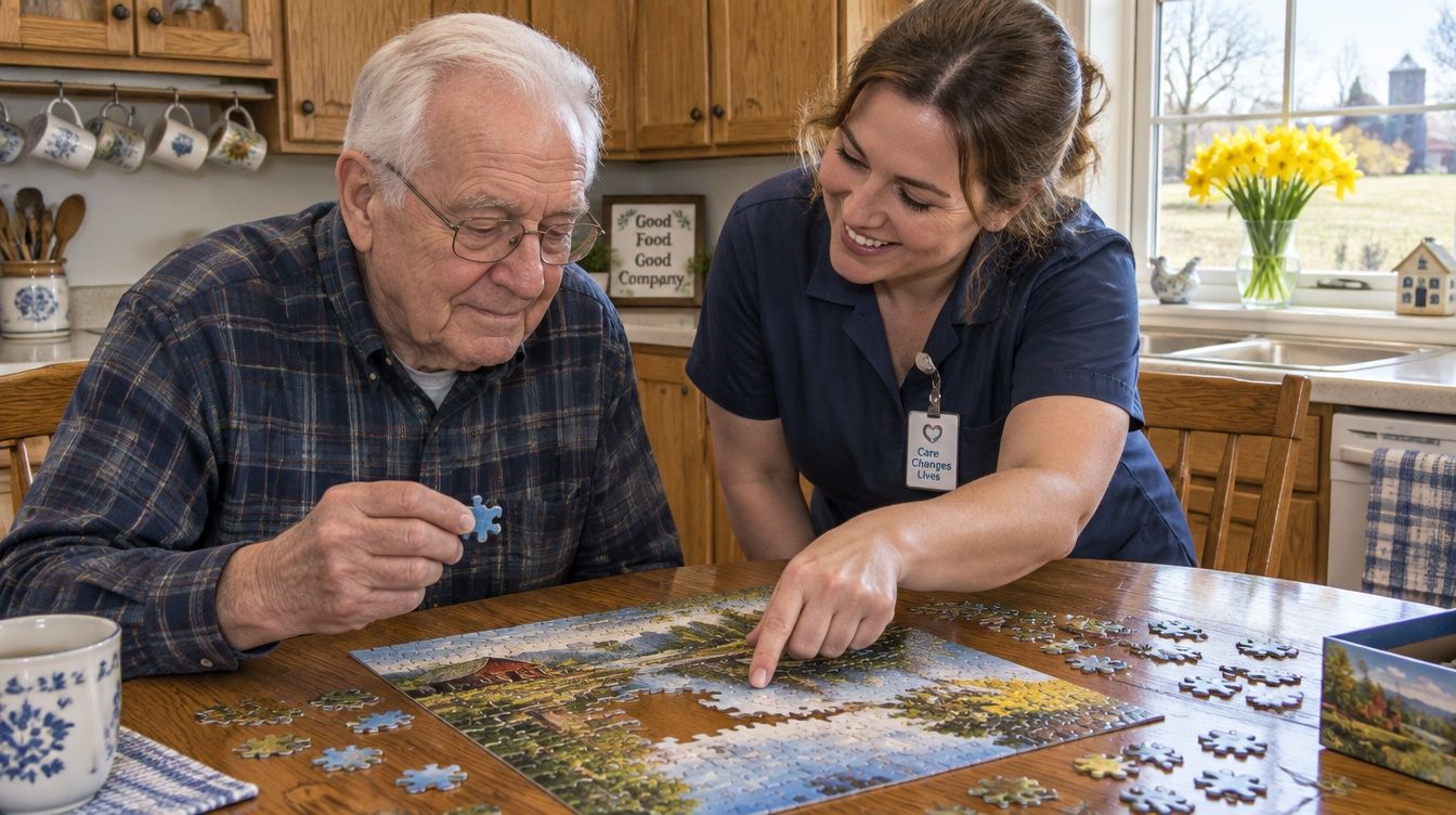 An older man and a caregiver working on a jigsaw puzzle together.