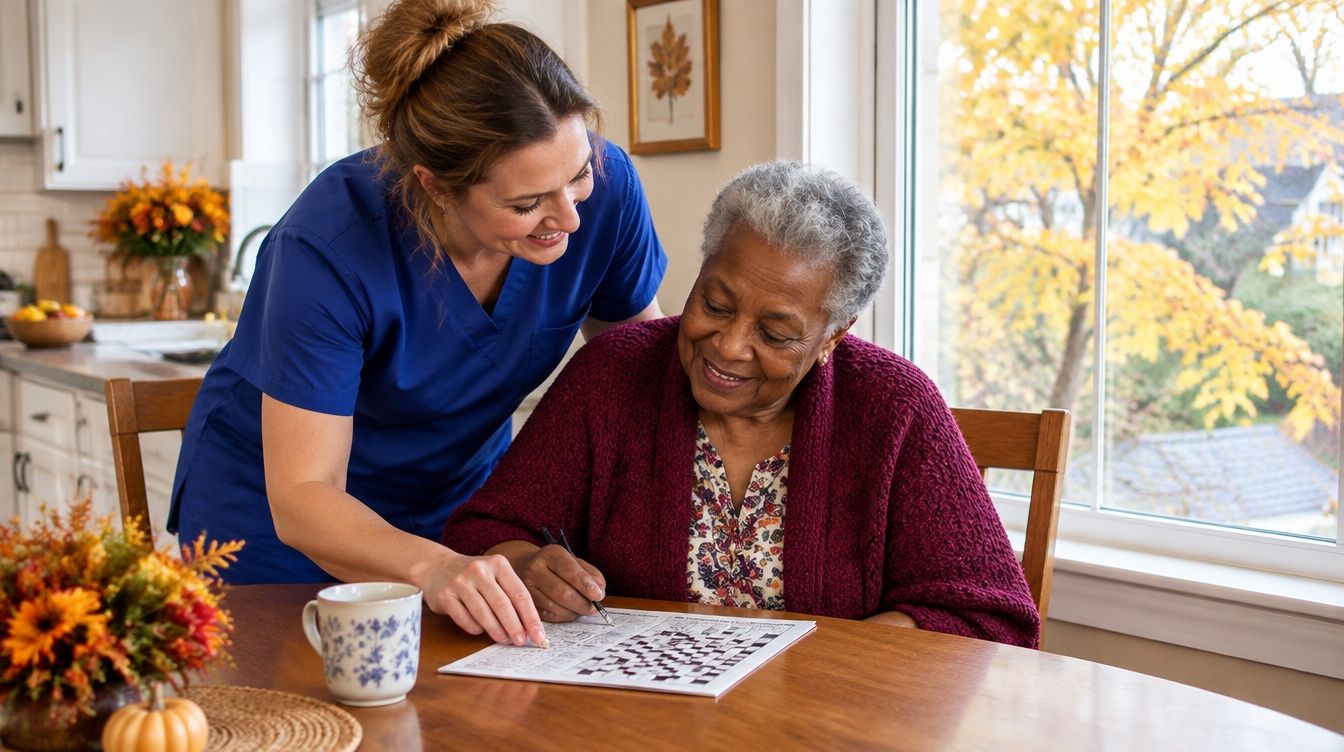 A caregiver helping a woman with a crossword at her kitchen table.