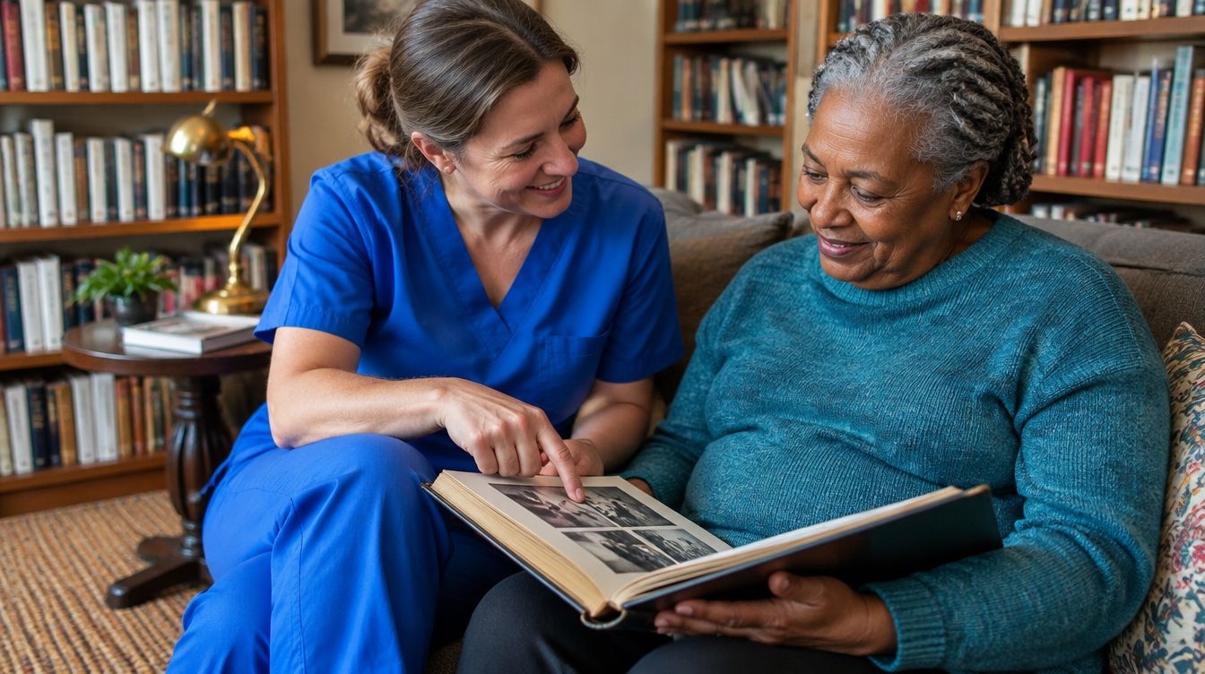 A caregiver and a client looking through a photo album together.